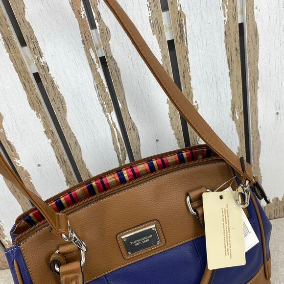Tignanello Ink/Cognac Leather Satchel Handbag Striped Interior - New with Tags - Picture 10 of 11